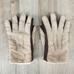 Vtg Aris Mens Tan Suede Faux Shearling Lined Winter Gloves Brown Knit Trim Large